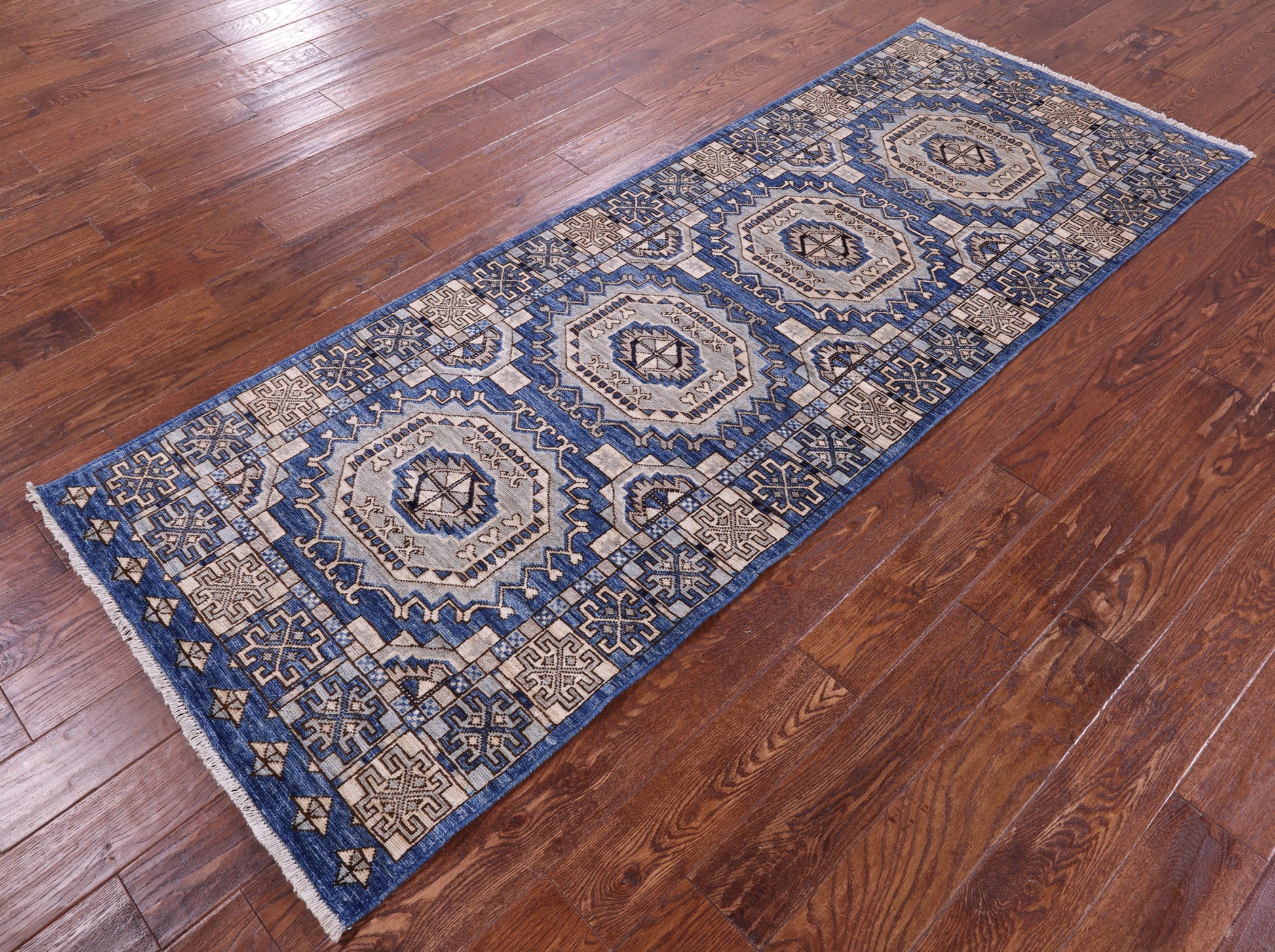 Blue Turkmen Ersari Hand Knotted Wool Runner Rug - 3' 1" X 8' 2" - Golden Nile