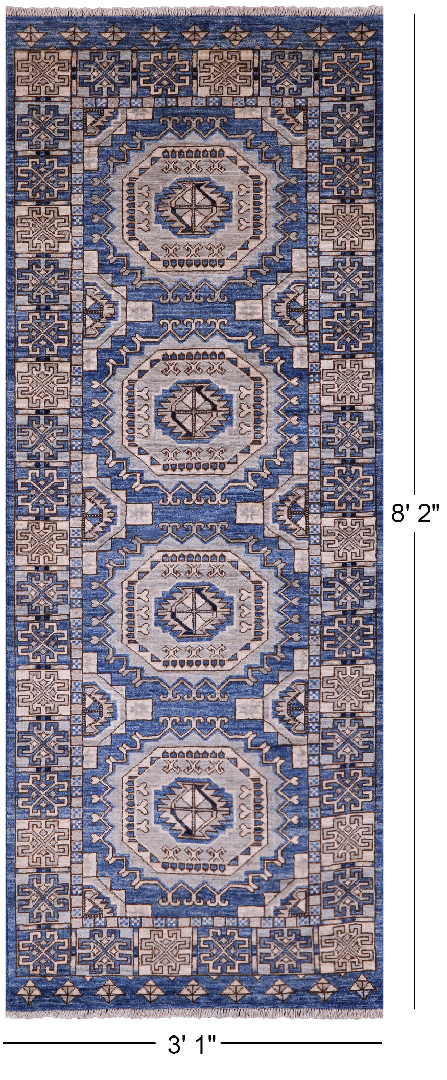 Blue Turkmen Ersari Hand Knotted Wool Runner Rug - 3' 1" X 8' 2" - Golden Nile
