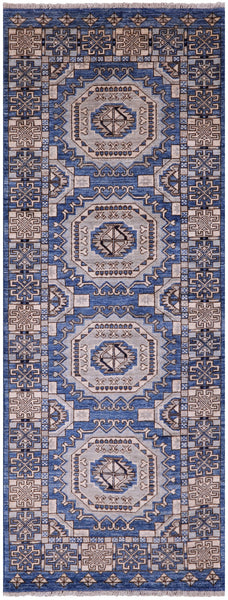 Blue Turkmen Ersari Hand Knotted Wool Runner Rug - 3' 1" X 8' 2" - Golden Nile