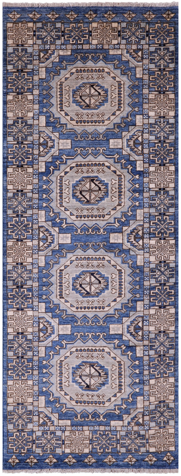 Blue Turkmen Ersari Hand Knotted Wool Runner Rug - 3' 1" X 8' 2" - Golden Nile