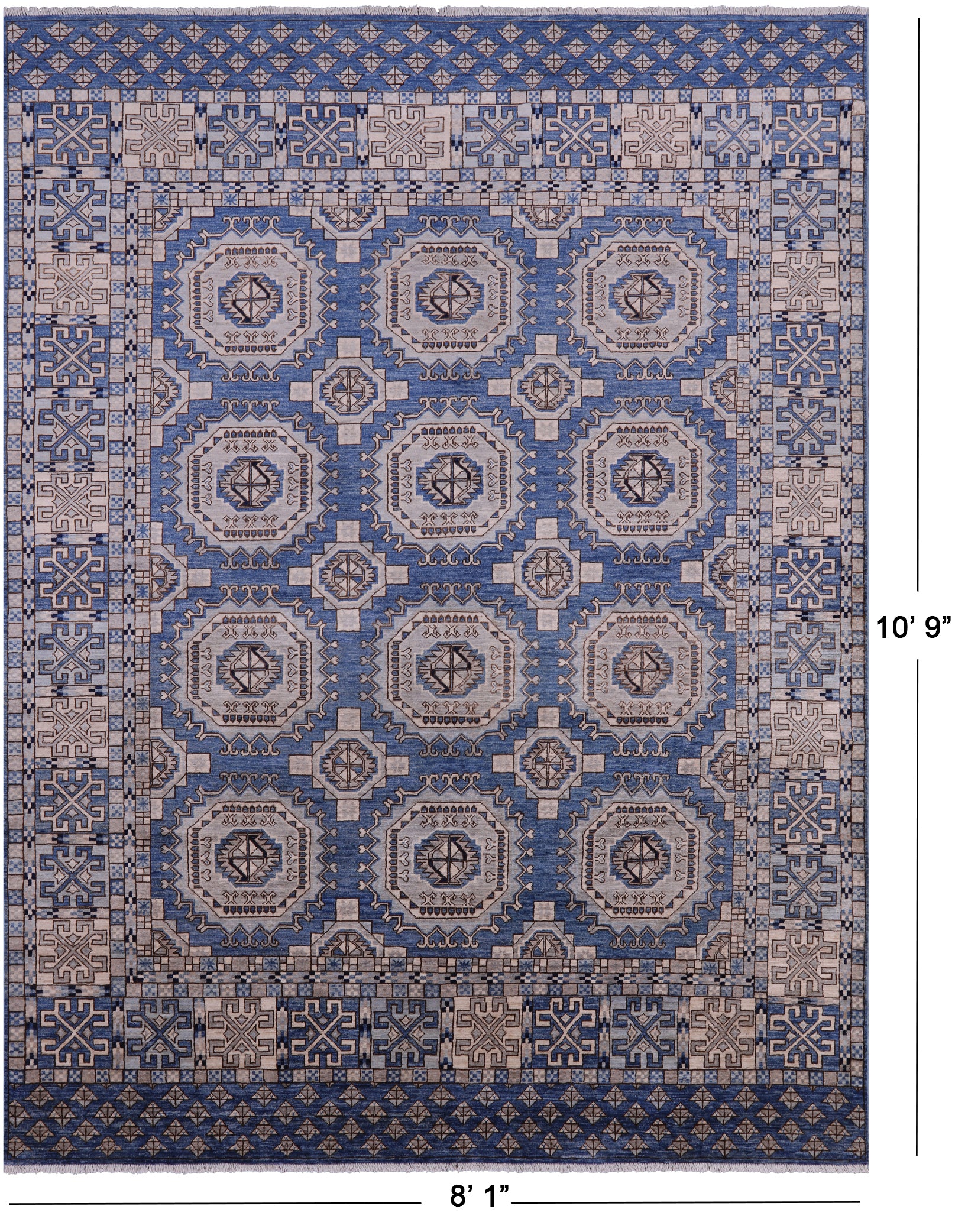 Blue Turkmen Ersari Hand Knotted Wool Rug - 8' 1" X 10' 9" - Golden Nile