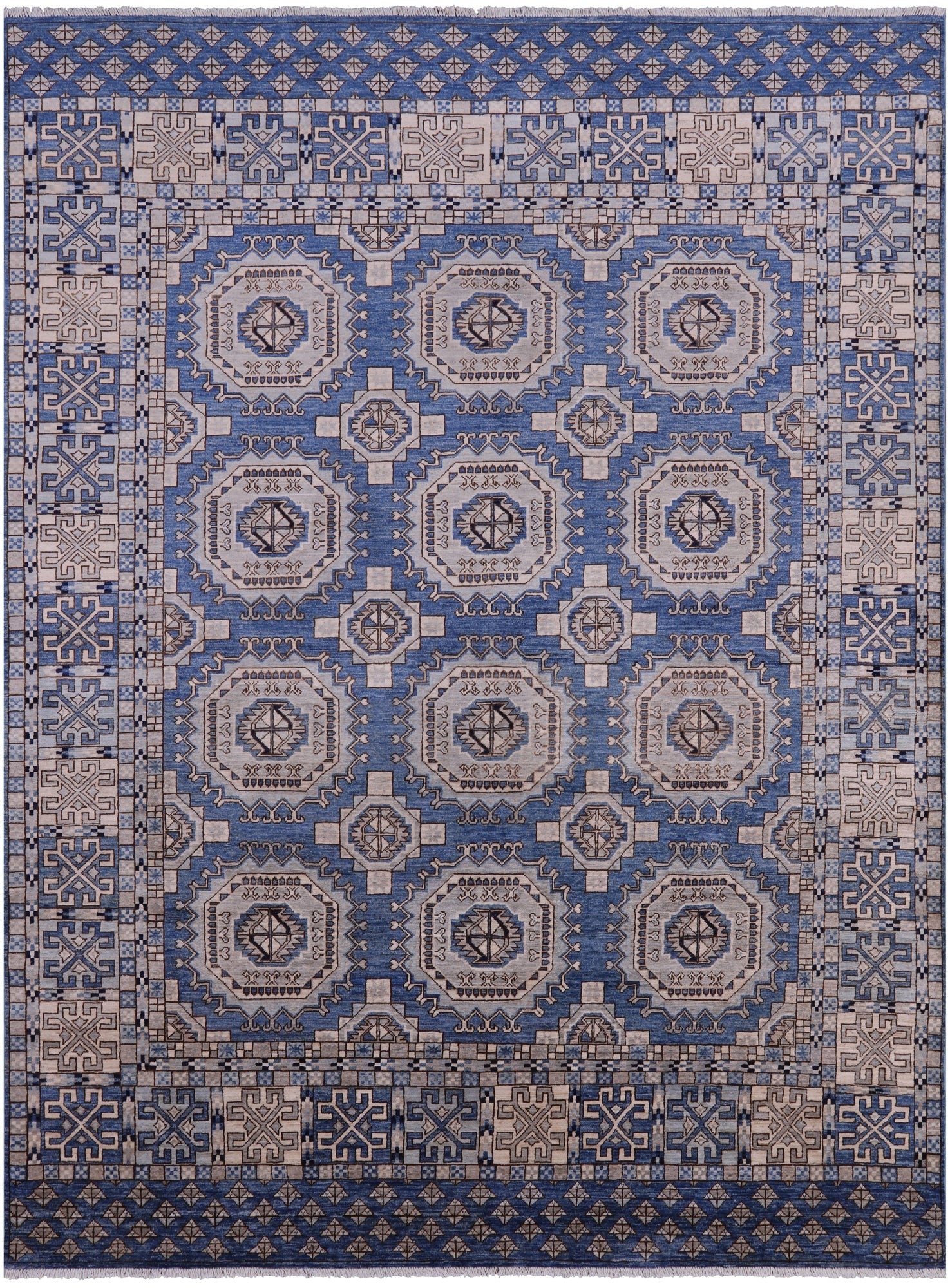 Blue Turkmen Ersari Hand Knotted Wool Rug - 8' 1" X 10' 9" - Golden Nile