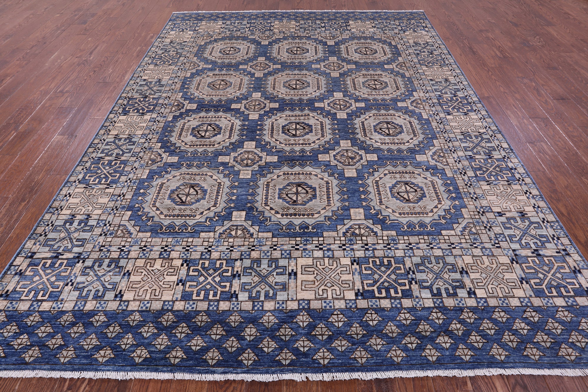 Blue Turkmen Ersari Hand Knotted Wool Rug - 8' 1" X 10' 9" - Golden Nile