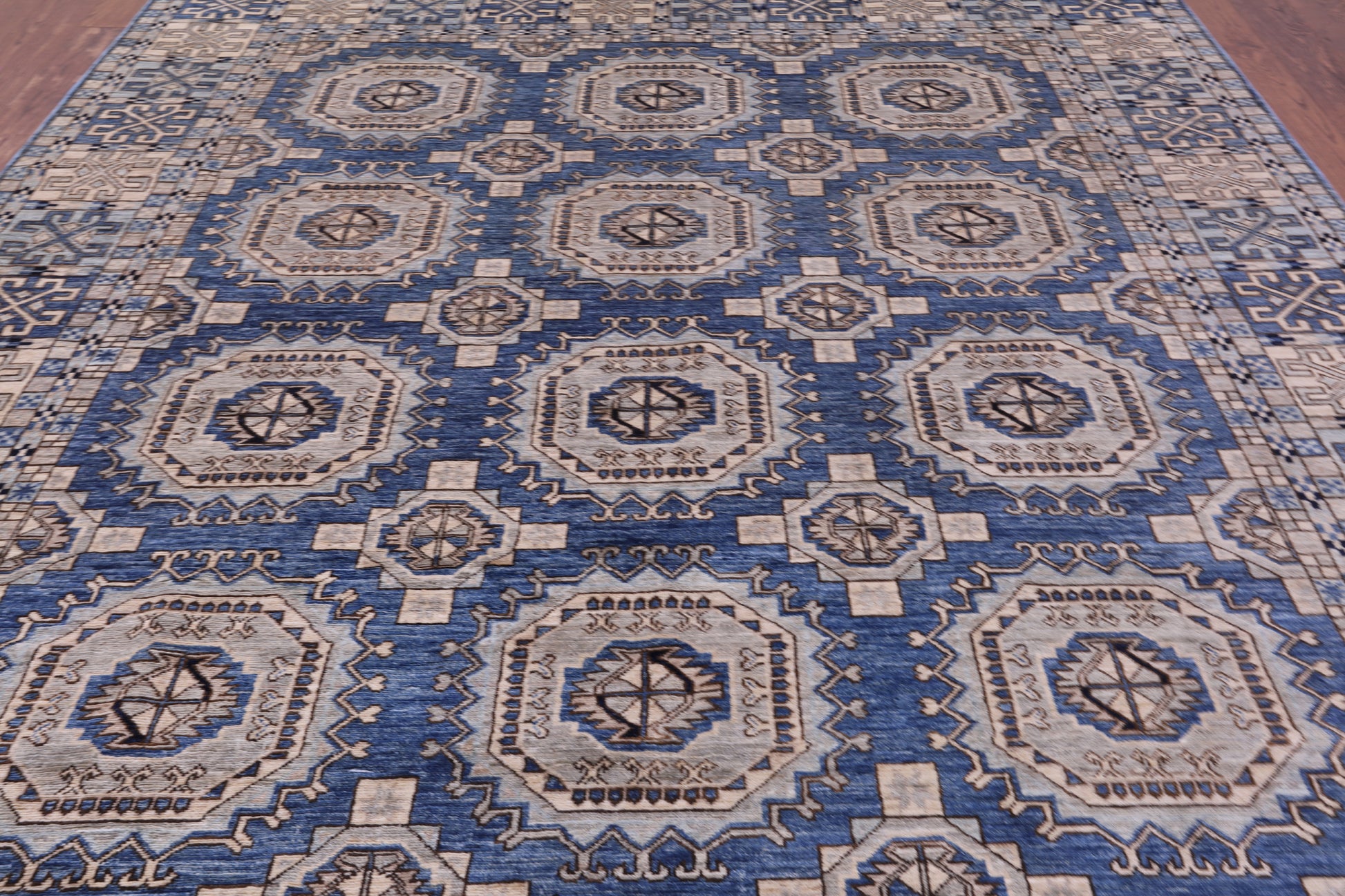 Blue Turkmen Ersari Hand Knotted Wool Rug - 8' 1" X 10' 9" - Golden Nile