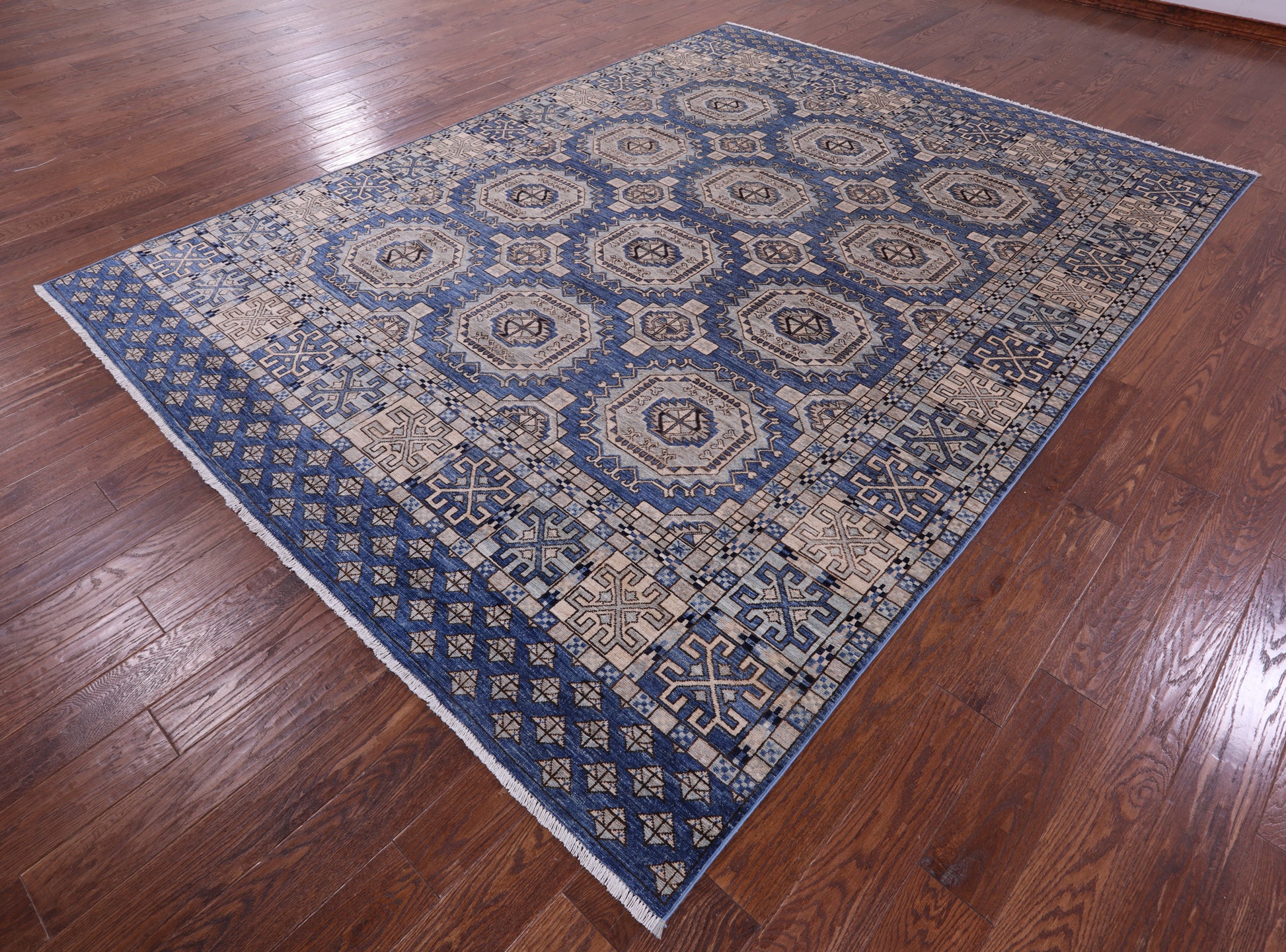 Blue Turkmen Ersari Hand Knotted Wool Rug - 8' 1" X 10' 9" - Golden Nile