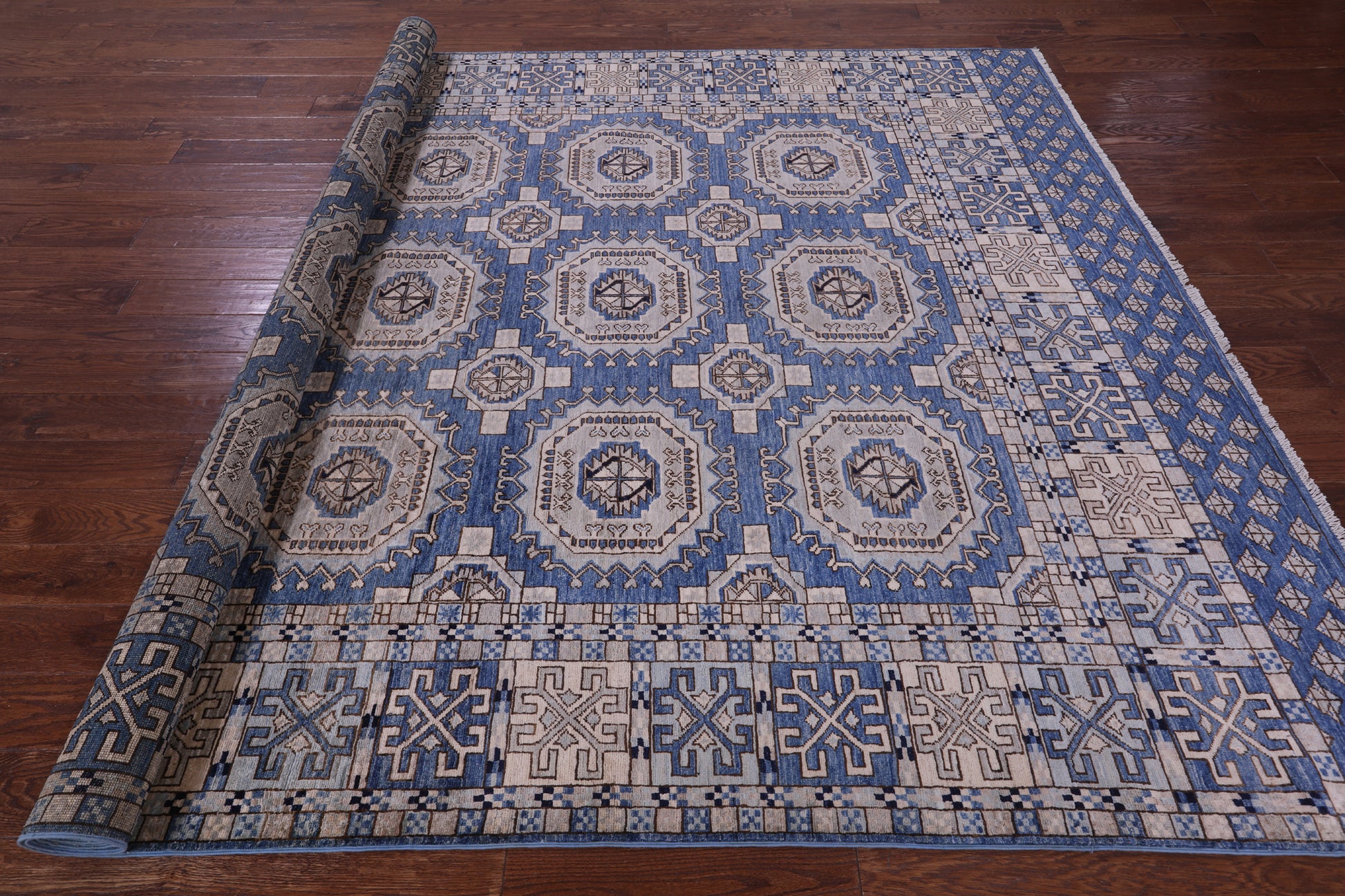 Blue Turkmen Ersari Hand Knotted Wool Rug - 8' 1" X 10' 9" - Golden Nile