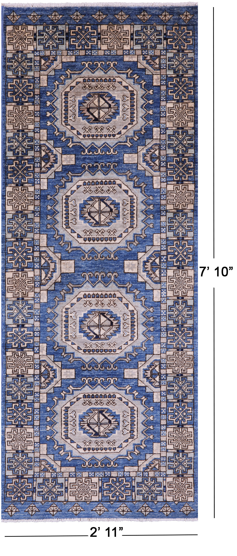 Blue Turkmen Ersari Hand Knotted Wool Rug - 2' 11" X 7' 10" - Golden Nile