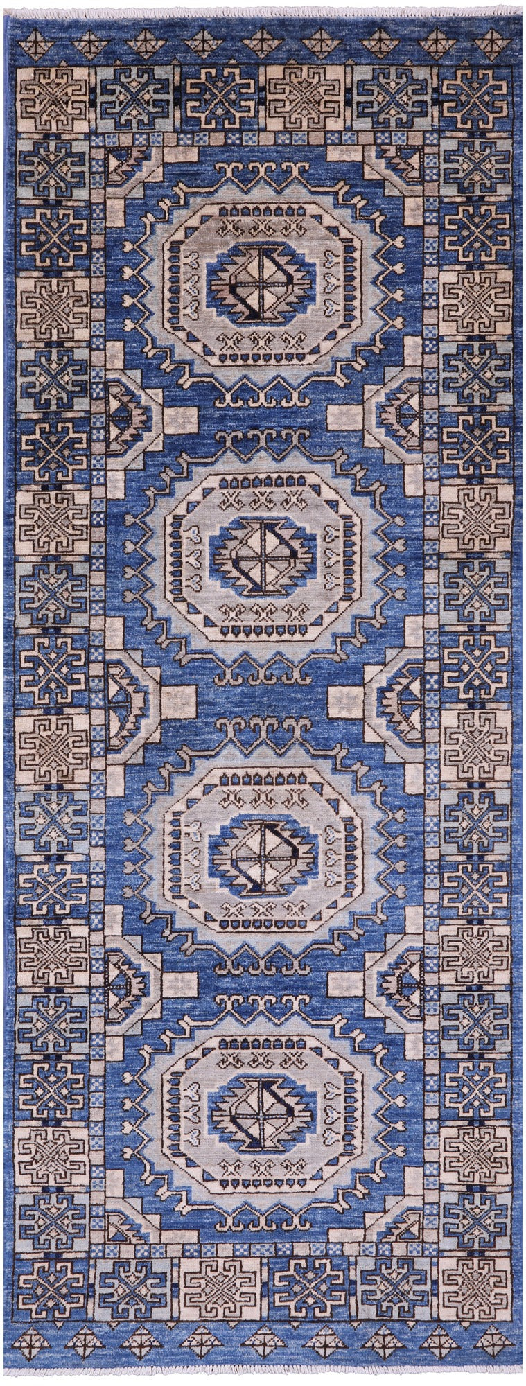 Blue Turkmen Ersari Hand Knotted Wool Rug - 2' 11" X 7' 10" - Golden Nile