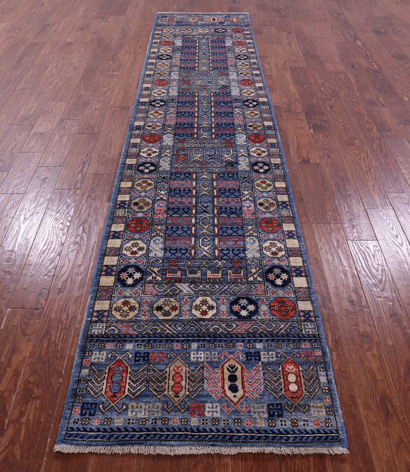 Blue Turkmen Ersari Handmade Wool Runner Rug - 2' 8" X 12' 2" - Golden Nile