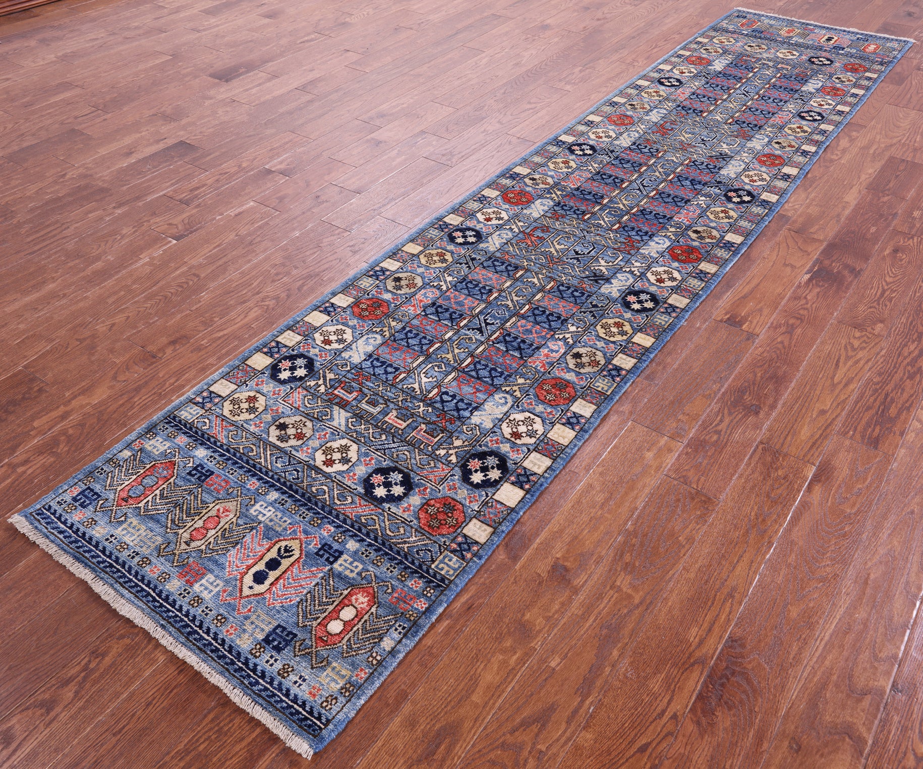 Blue Turkmen Ersari Handmade Wool Runner Rug - 2' 8" X 12' 2" - Golden Nile