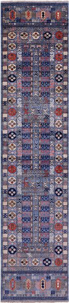 Blue Turkmen Ersari Handmade Wool Runner Rug - 2' 8" X 12' 2" - Golden Nile