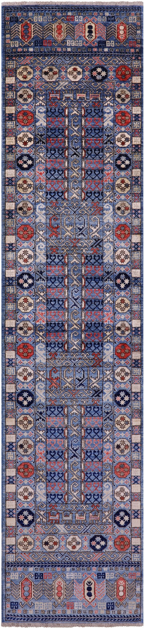 Blue Turkmen Ersari Handmade Wool Runner Rug - 2' 8" X 12' 2" - Golden Nile