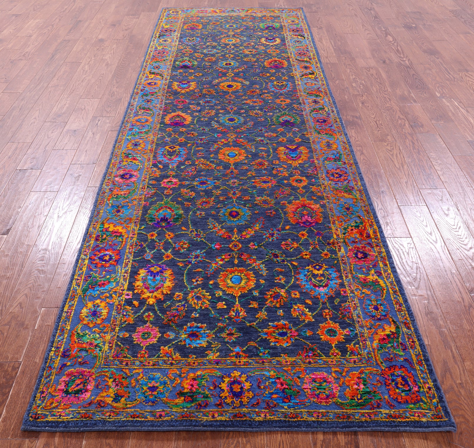 Blue Persian Tabriz Hand Knotted Wool & Silk Runner Rug - 4' 1" X 12' 2" - Golden Nile