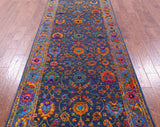 Blue Persian Tabriz Hand Knotted Wool & Silk Runner Rug - 4' 1" X 12' 2" - Golden Nile