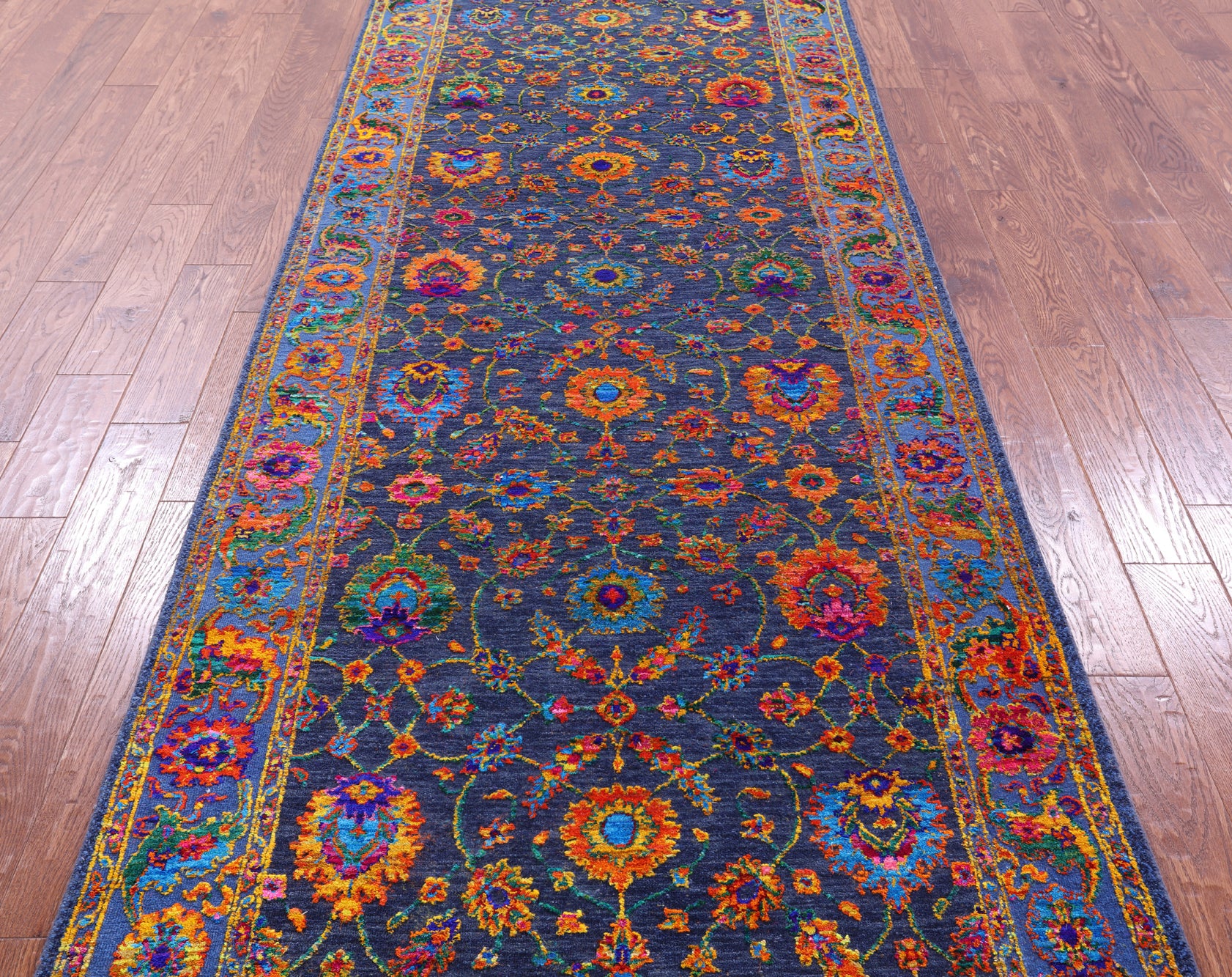 Blue Persian Tabriz Hand Knotted Wool & Silk Runner Rug - 4' 1" X 12' 2" - Golden Nile