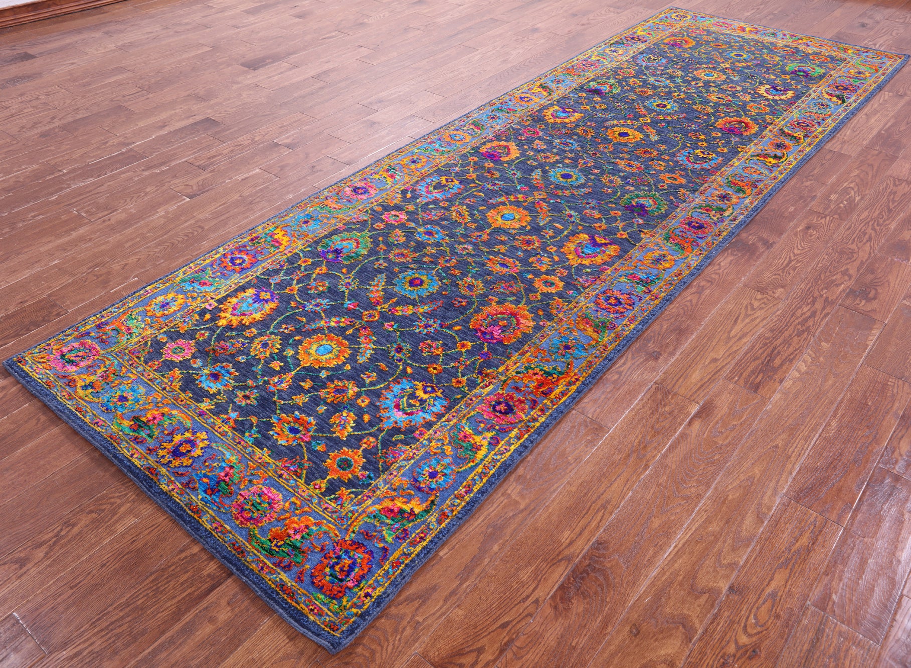 Blue Persian Tabriz Hand Knotted Wool & Silk Runner Rug - 4' 1" X 12' 2" - Golden Nile