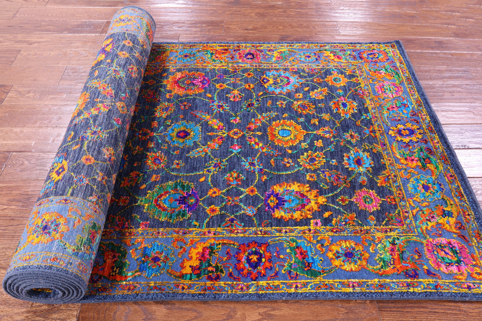 Blue Persian Tabriz Hand Knotted Wool & Silk Runner Rug - 4' 1" X 12' 2" - Golden Nile