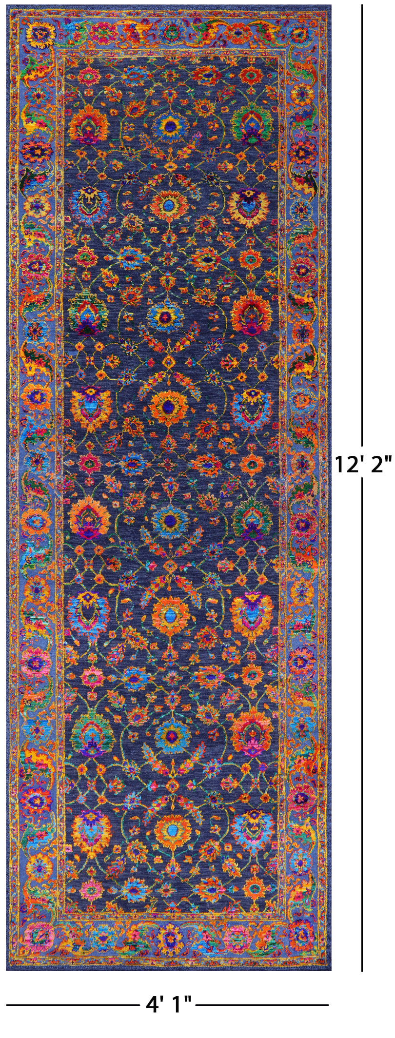 Blue Persian Tabriz Hand Knotted Wool & Silk Runner Rug - 4' 1" X 12' 2" - Golden Nile