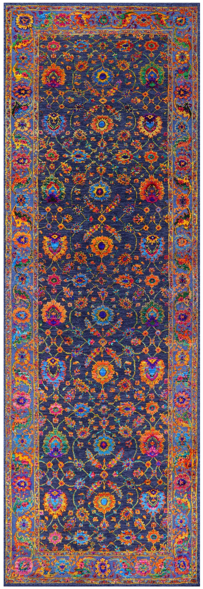 Blue Persian Tabriz Hand Knotted Wool & Silk Runner Rug - 4' 1" X 12' 2" - Golden Nile