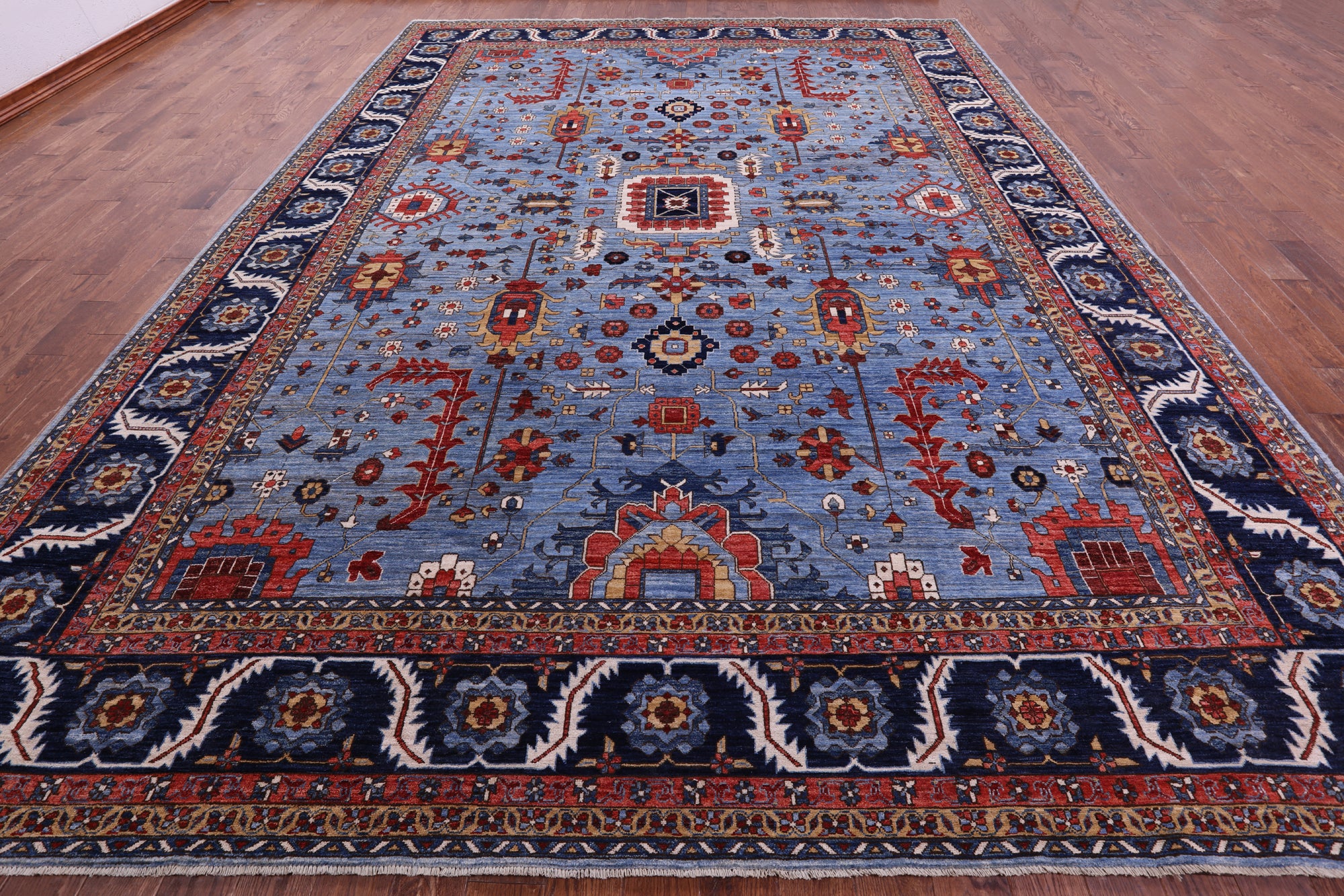 Blue Persian Fine Serapi Hand Knotted Wool Rug - 10' 11" X 14' 7" - Golden Nile