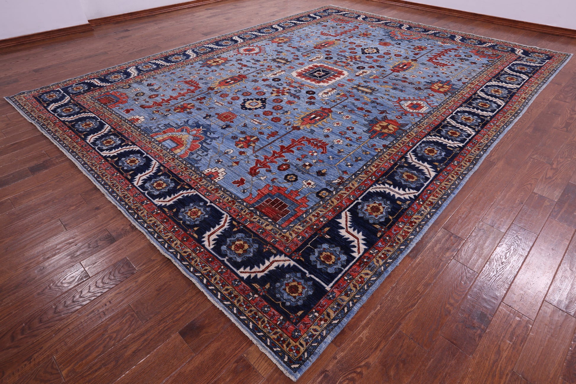 Blue Persian Fine Serapi Hand Knotted Wool Rug - 10' 11" X 14' 7" - Golden Nile