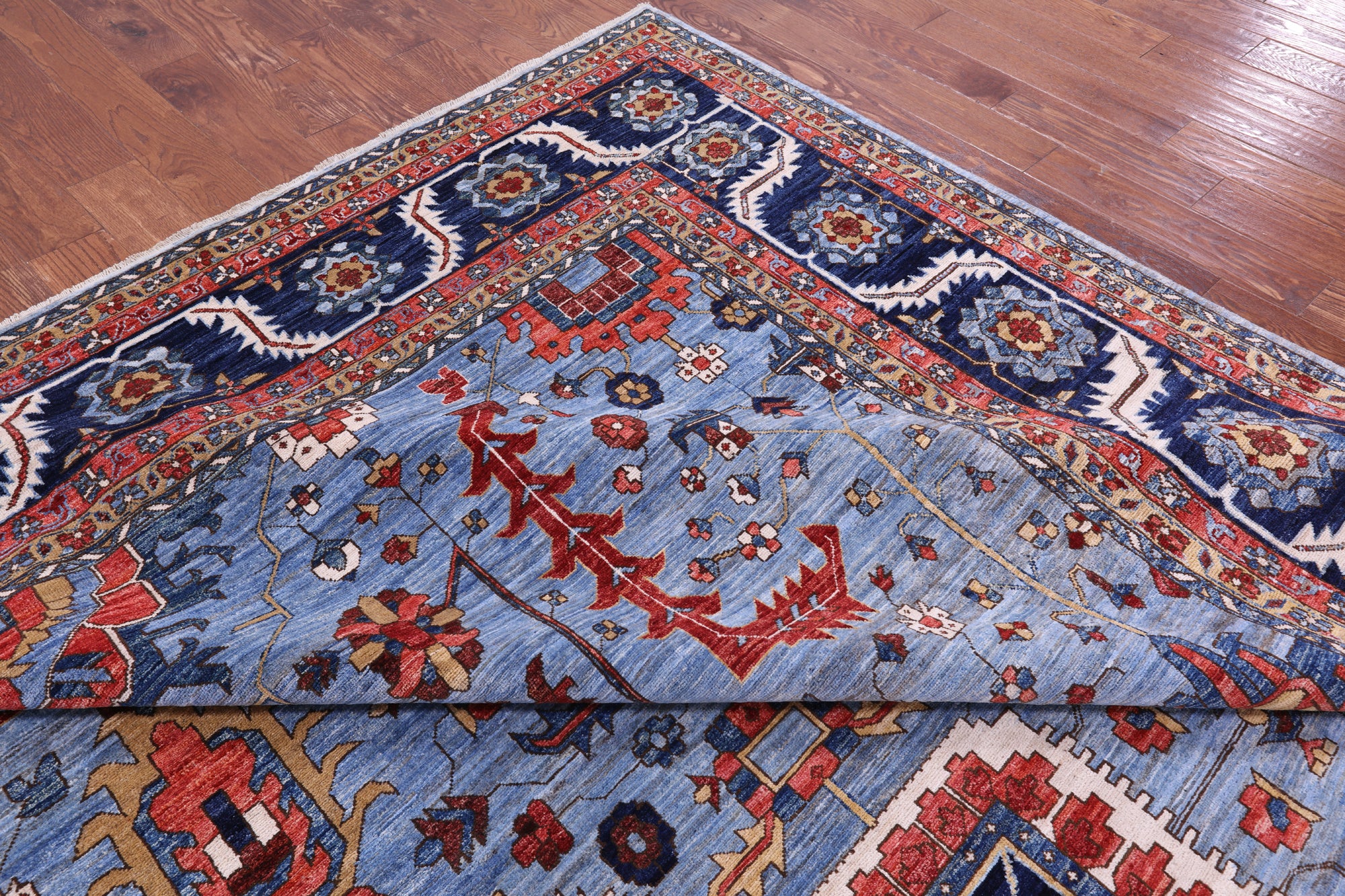 Blue Persian Fine Serapi Hand Knotted Wool Rug - 10' 11" X 14' 7" - Golden Nile