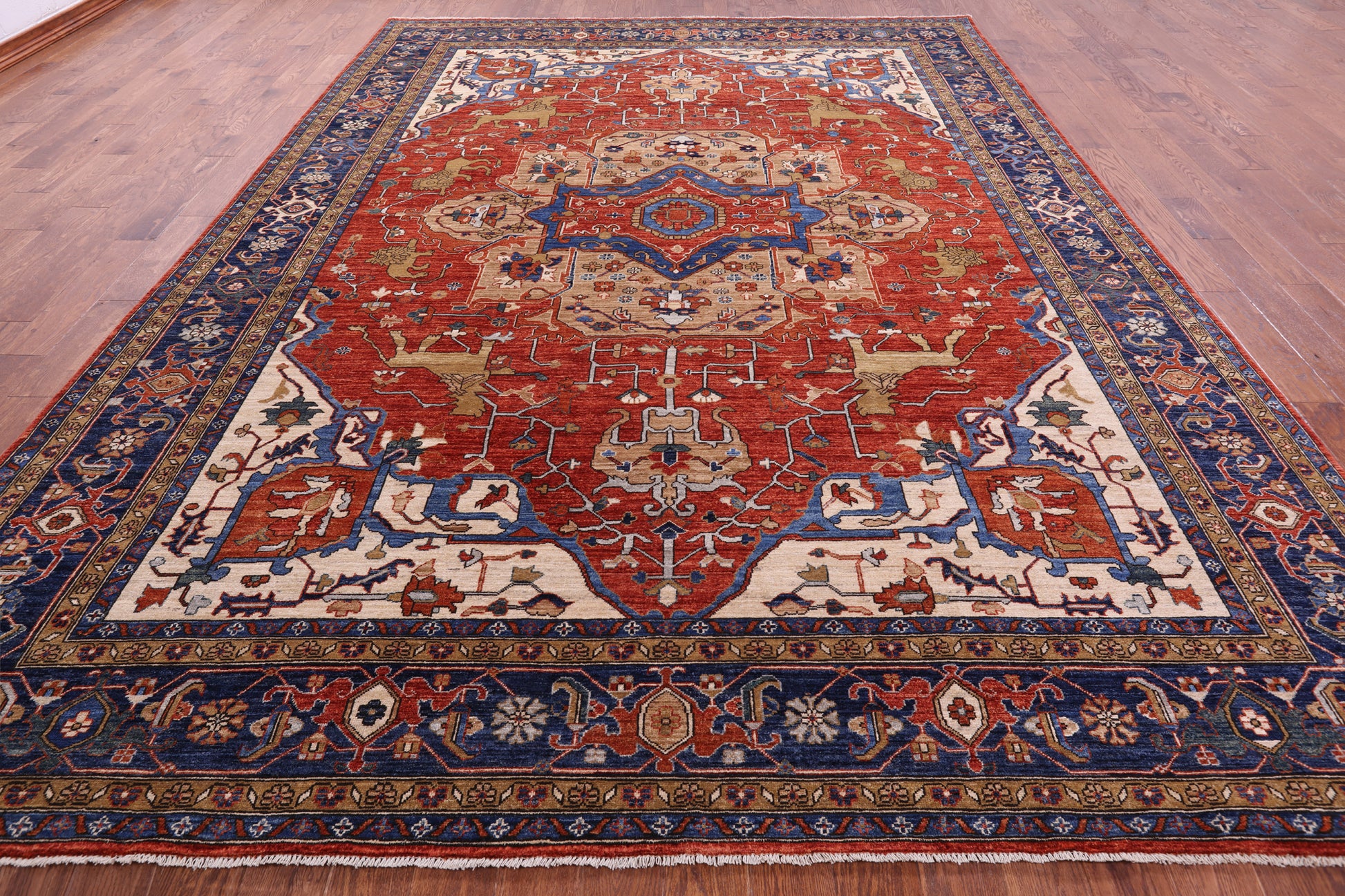 Rust Persian Fine Serapi Hand Knotted Wool Rug - 9' 11" X 13' 6" - Golden Nile