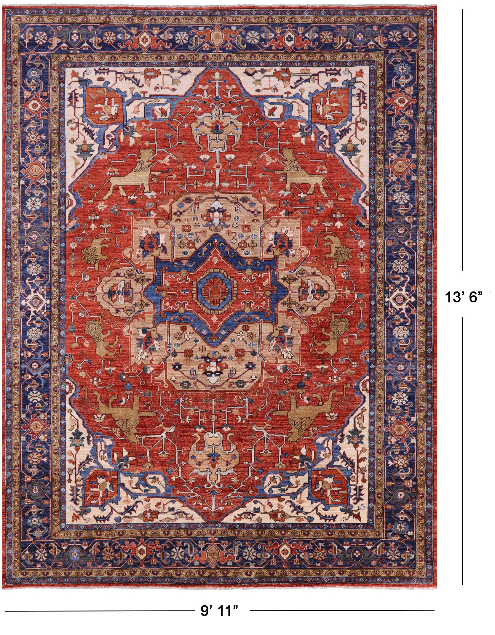 Rust Persian Fine Serapi Hand Knotted Wool Rug - 9' 11" X 13' 6" - Golden Nile