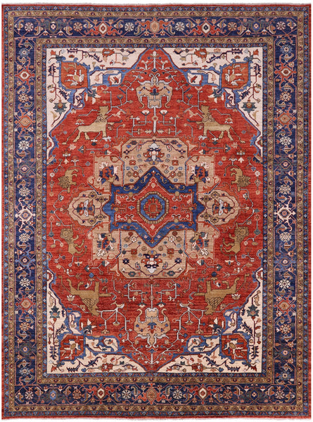Rust Persian Fine Serapi Hand Knotted Wool Rug - 9' 11" X 13' 6" - Golden Nile