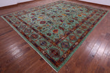 Green Persian Fine Serapi Hand Knotted Wool Rug - 11' 10" X 14' 10" - Golden Nile