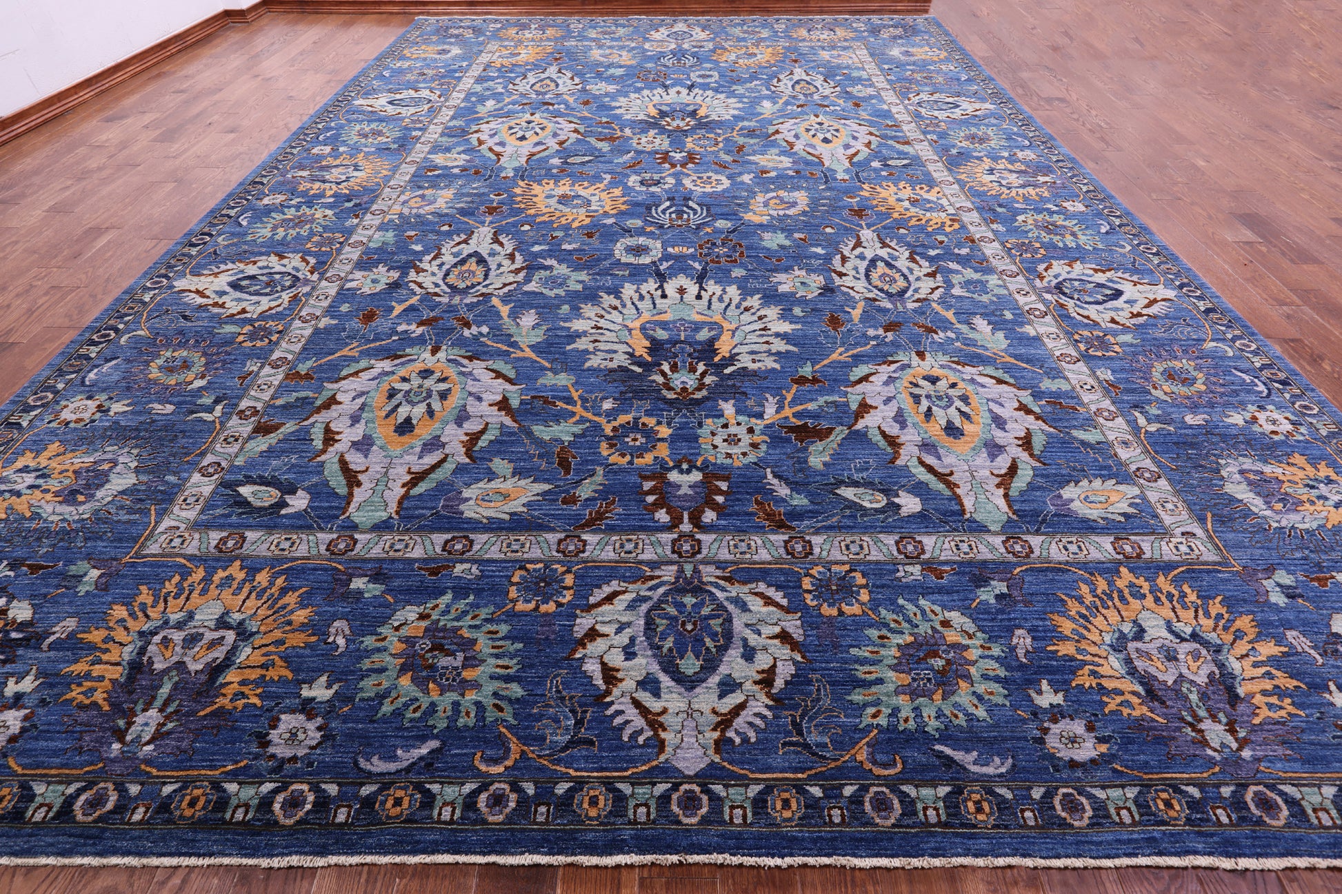Blue Persian Tabriz Hand Knotted Wool Rug - 12' 0" X 17' 8" - Golden Nile