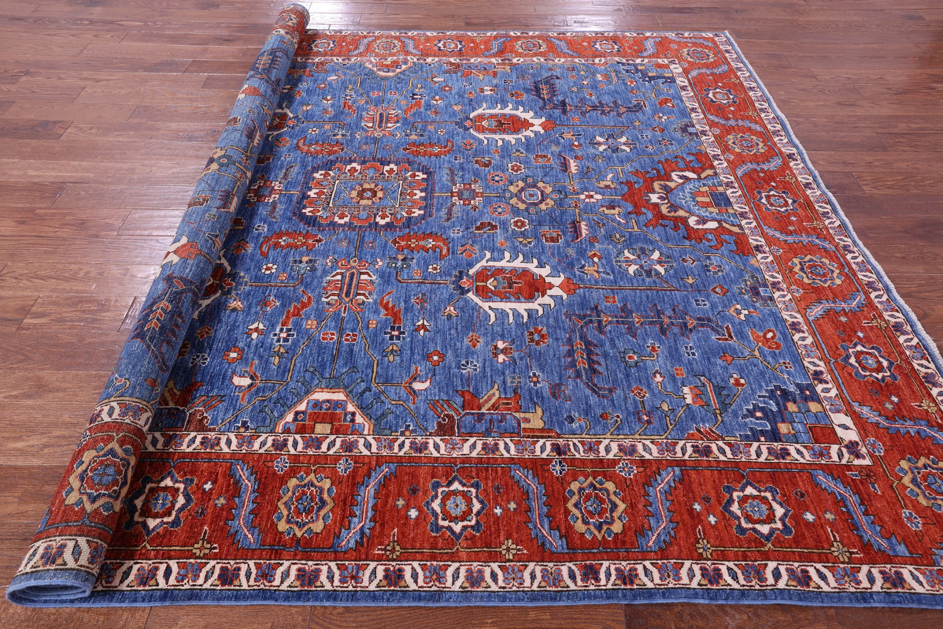 Blue Persian Fine Serapi Hand Knotted Wool Rug - 8' 2" X 9' 8" - Golden Nile