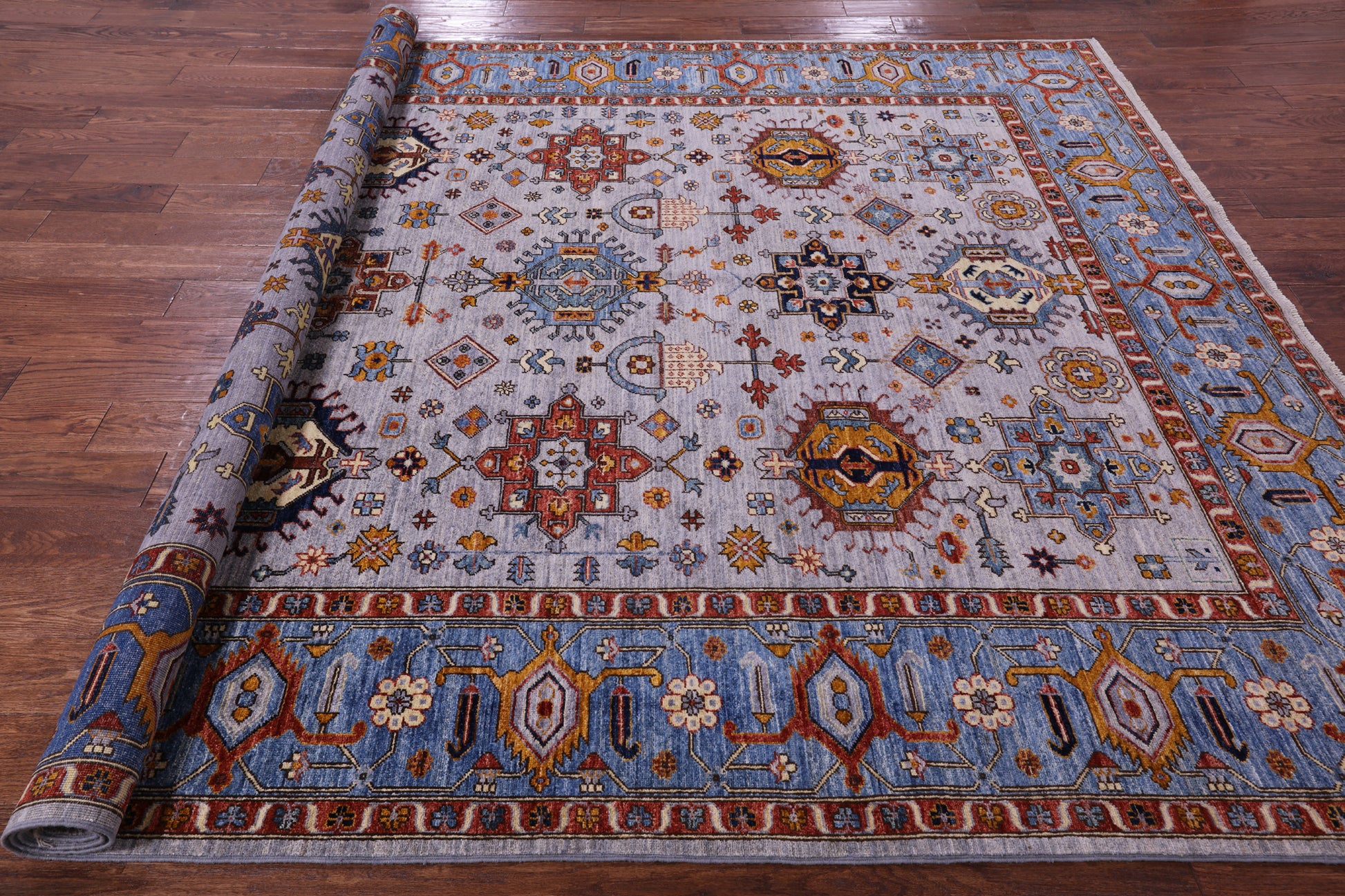 Grey Persian Fine Serapi Hand Knotted Wool Rug - 7' 11" X 9' 8" - Golden Nile