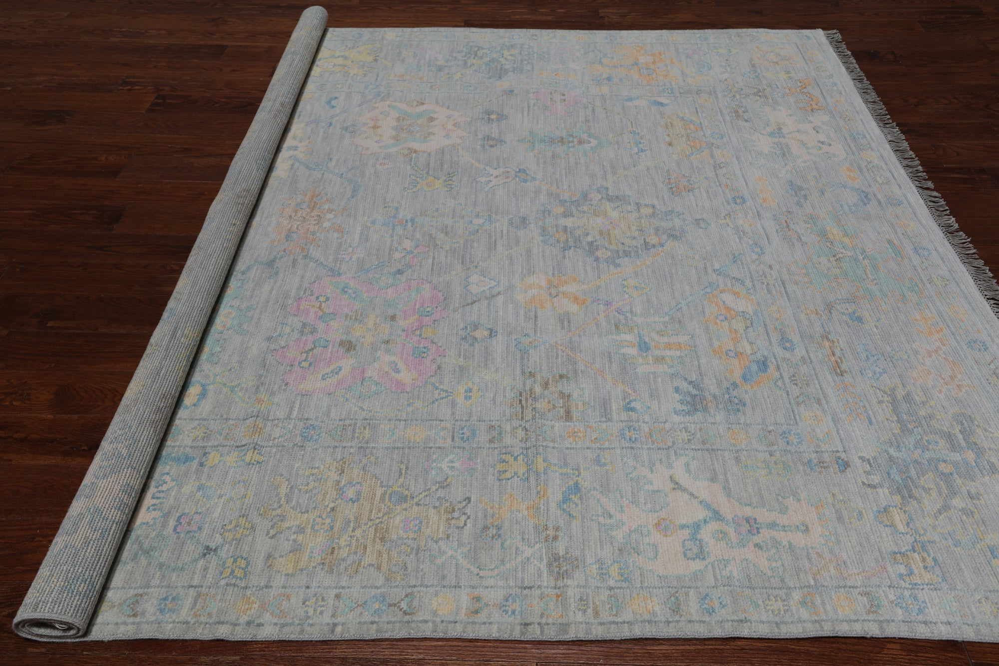 SUPER SALE Silver Square Turkish Oushak Hand Knotted Wool Rug - 7' 10" X 7' 11"