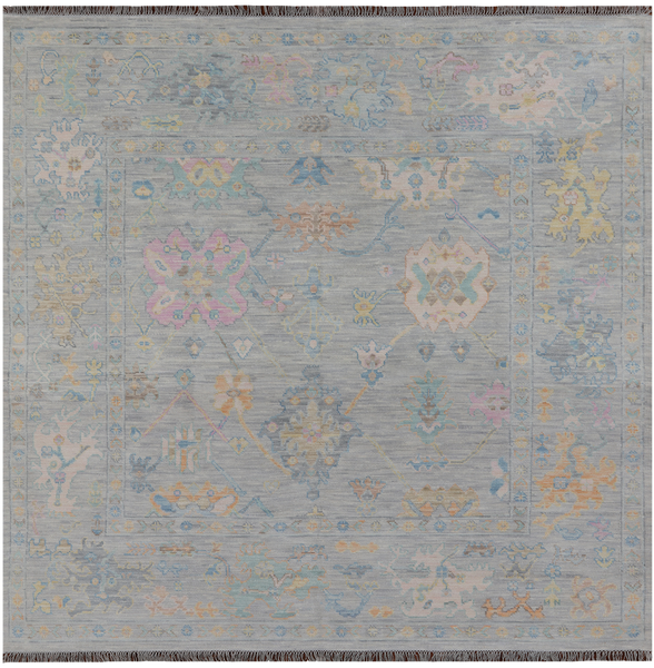 SUPER SALE Silver Square Turkish Oushak Hand Knotted Wool Rug - 7' 10" X 7' 11"