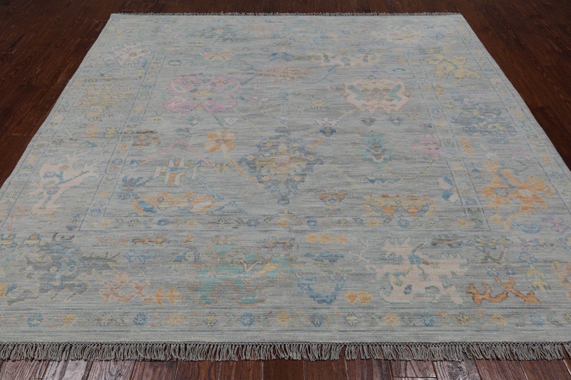 SUPER SALE Silver Square Turkish Oushak Hand Knotted Wool Rug - 7' 10" X 7' 11"