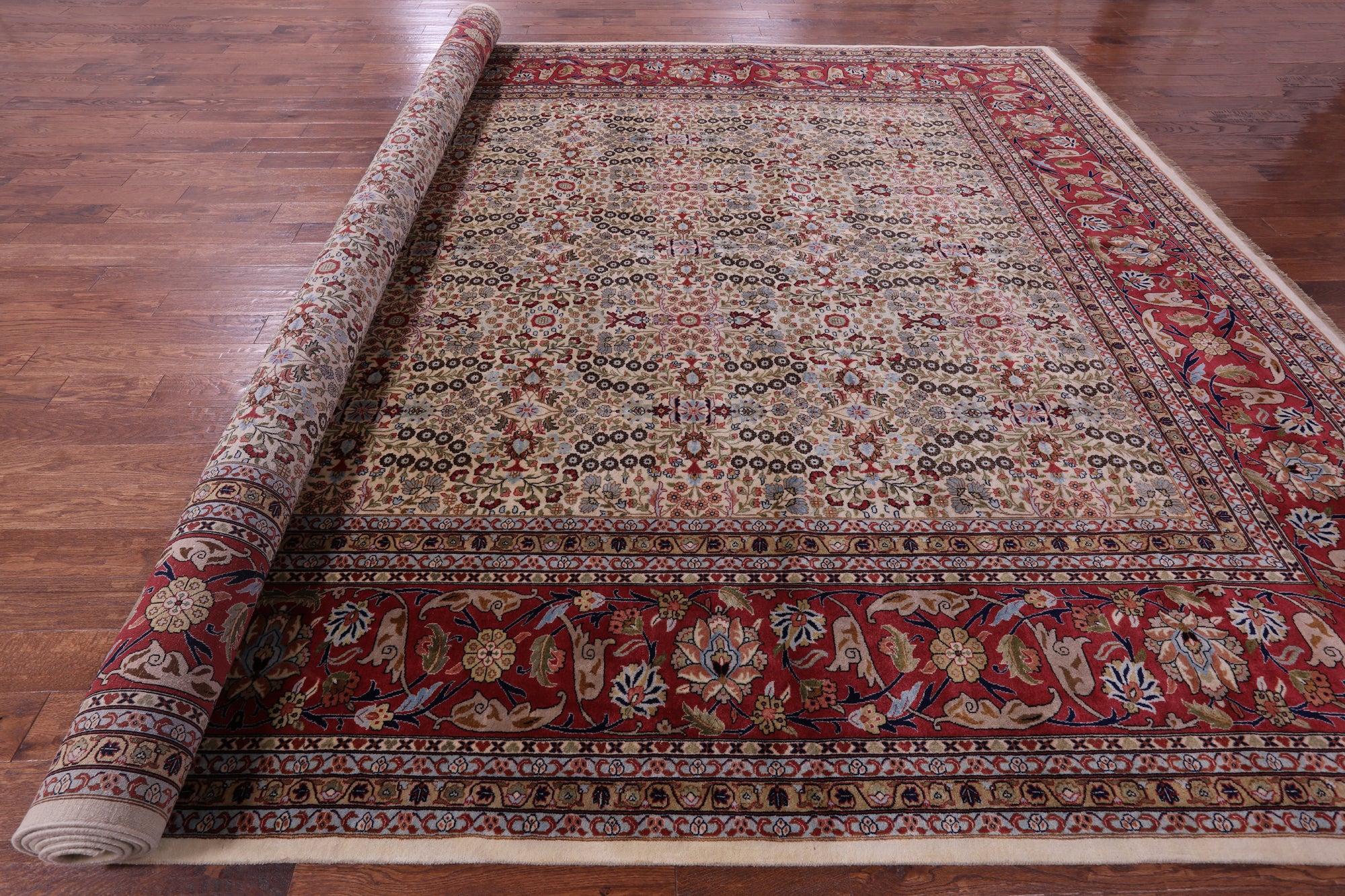 Ivory Turkish Hereke Handmade Wool Rug - 11' 9" X 17' 5" - Golden Nile