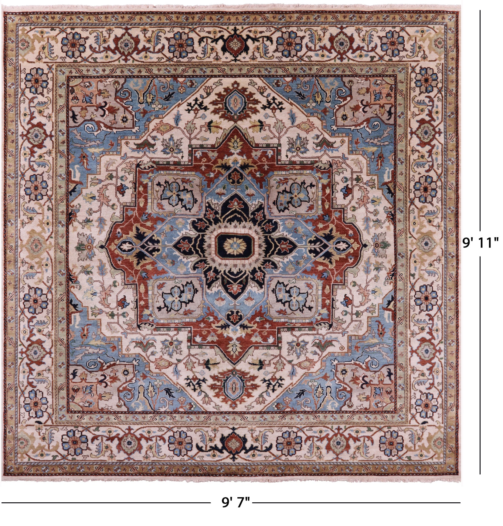 Ivory Square Geometric Heriz Serapi Hand Knotted Wool Rug - 9' 7" X 9' 11" - Golden Nile