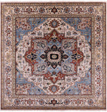 Ivory Square Geometric Heriz Serapi Hand Knotted Wool Rug - 9' 7" X 9' 11" - Golden Nile