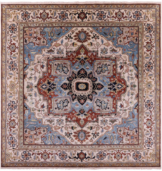 Ivory Square Geometric Heriz Serapi Hand Knotted Wool Rug - 9' 7" X 9' 11" - Golden Nile