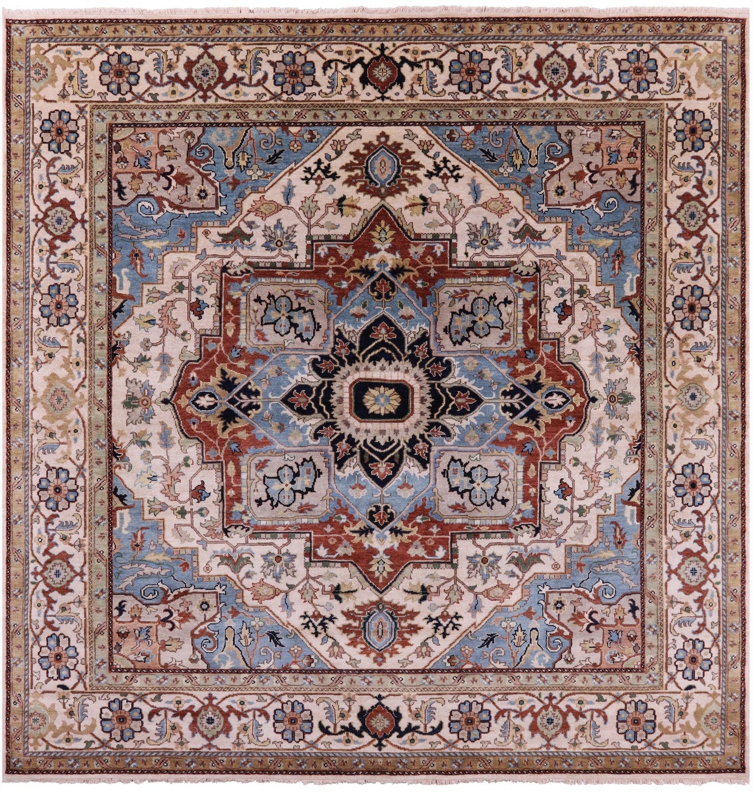 Ivory Square Geometric Heriz Serapi Hand Knotted Wool Rug - 9' 7" X 9' 11" - Golden Nile