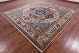 Ivory Square Geometric Heriz Serapi Hand Knotted Wool Rug - 9' 7" X 9' 11" - Golden Nile