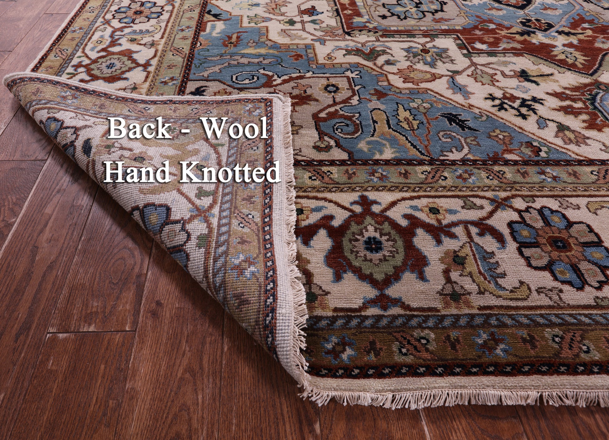 Ivory Square Geometric Heriz Serapi Hand Knotted Wool Rug - 9' 7" X 9' 11" - Golden Nile