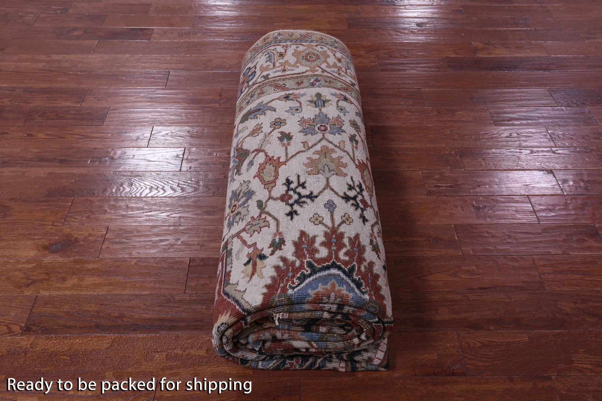 Ivory Geometric Heriz Serapi Hand Knotted Wool Rug - 7' 11" X 15' 10" - Golden Nile