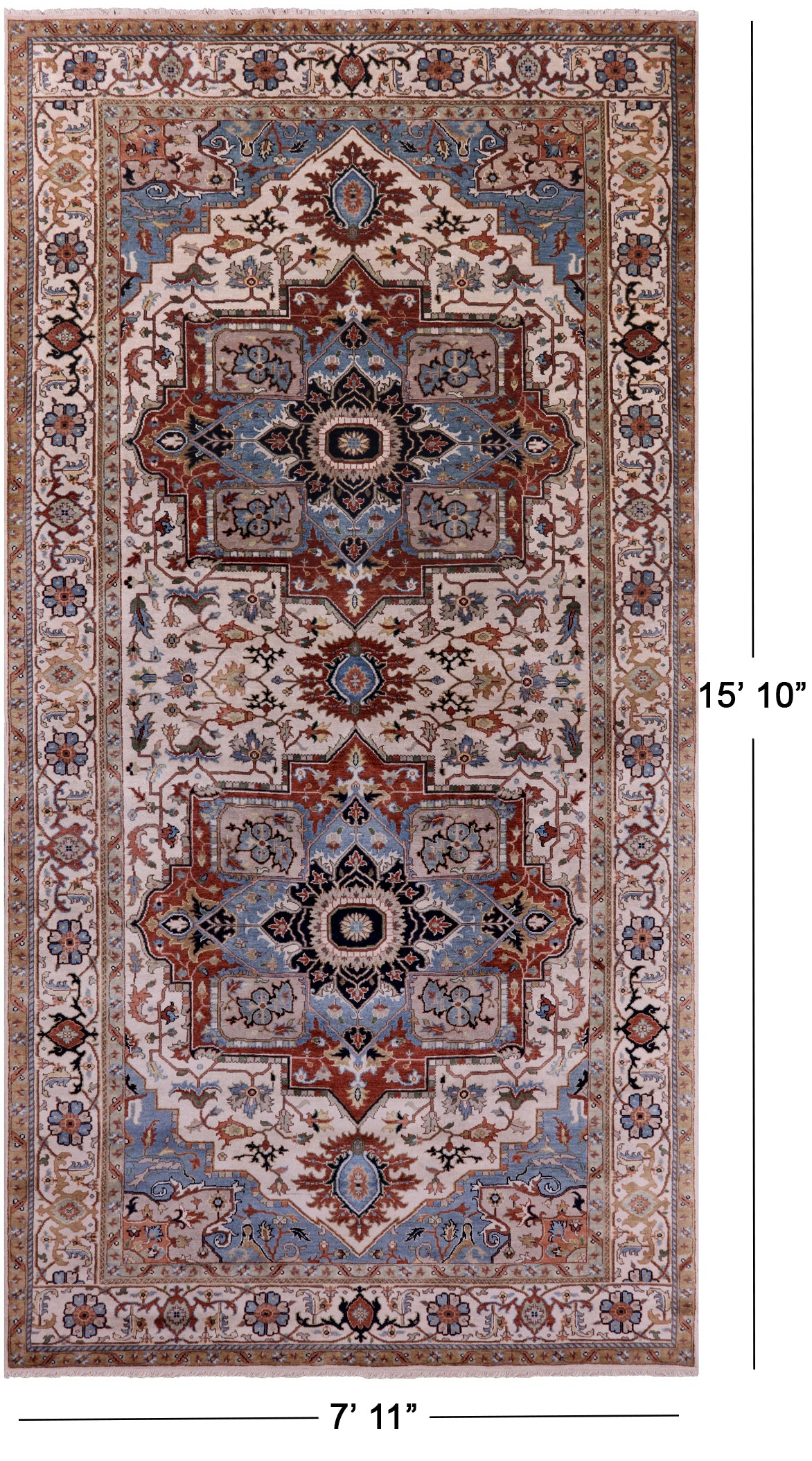 Ivory Geometric Heriz Serapi Hand Knotted Wool Rug - 7' 11" X 15' 10" - Golden Nile