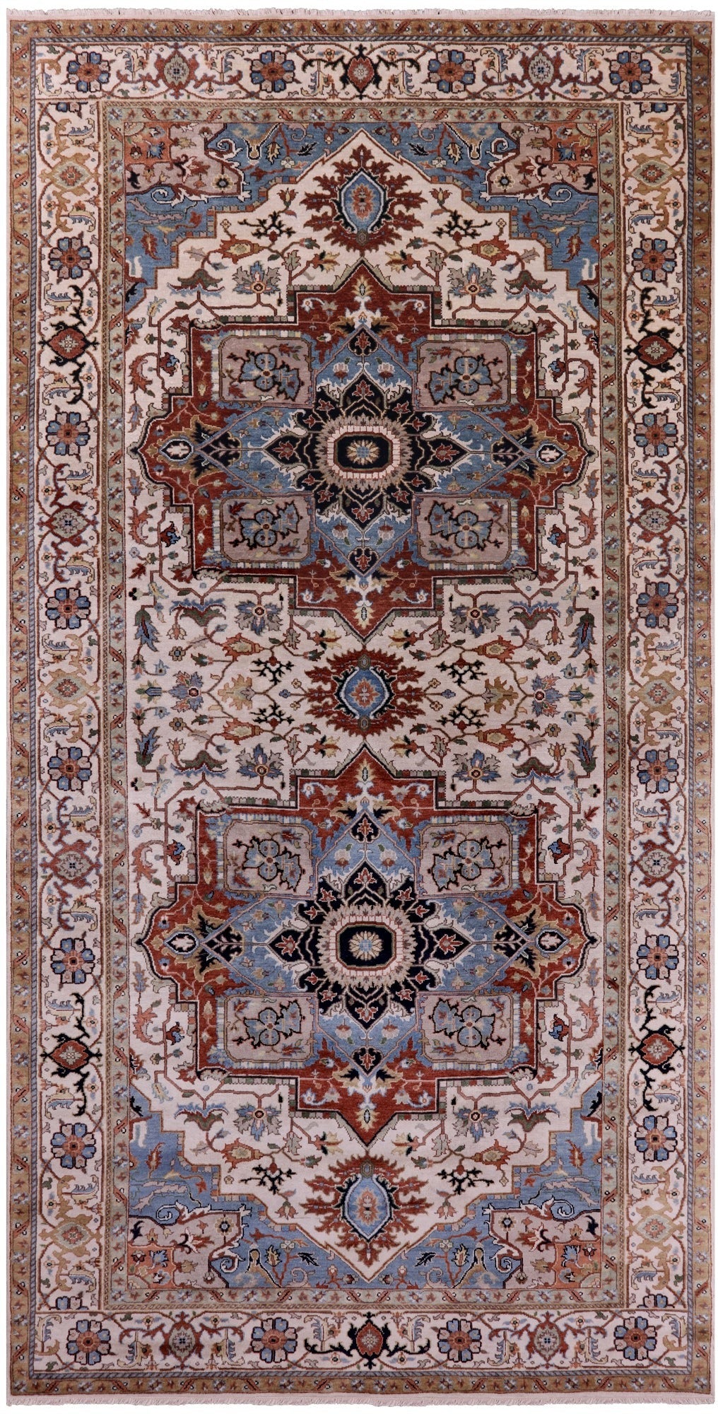 Ivory Geometric Heriz Serapi Hand Knotted Wool Rug - 7' 11" X 15' 10" - Golden Nile