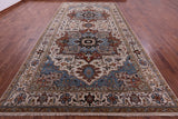Ivory Geometric Heriz Serapi Hand Knotted Wool Rug - 7' 11" X 15' 10" - Golden Nile