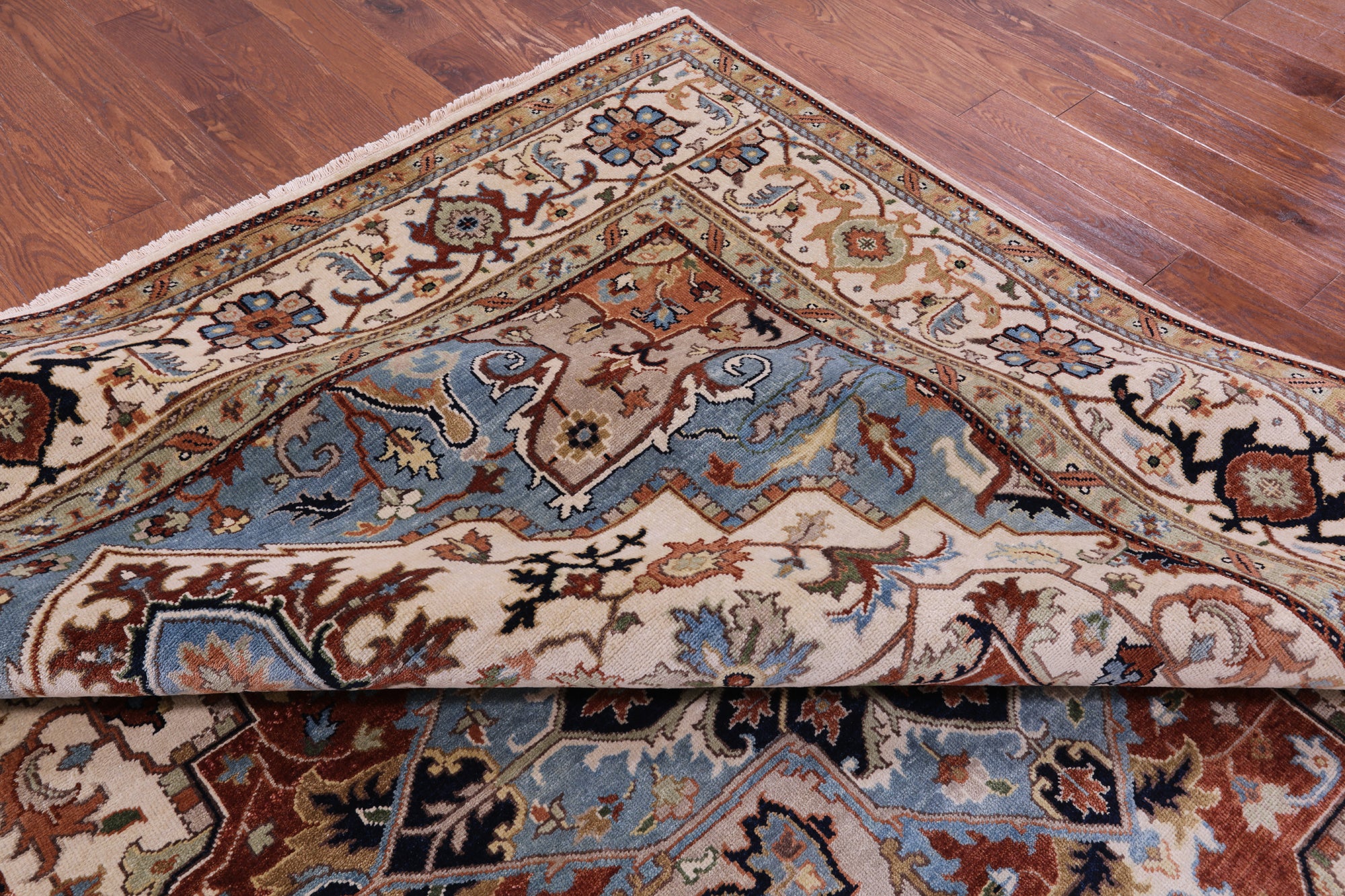 Ivory Geometric Heriz Serapi Hand Knotted Wool Rug - 8' 11" X 17' 11" - Golden Nile