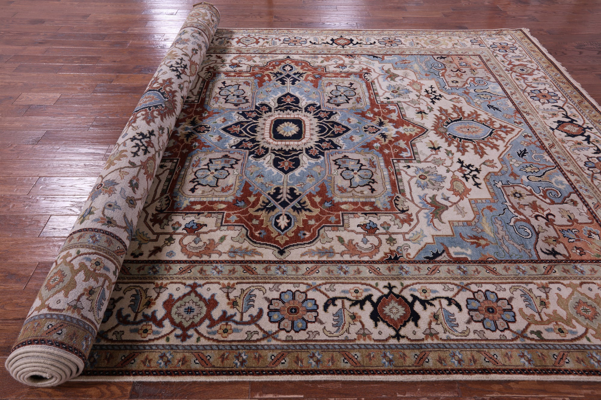 Ivory Geometric Heriz Serapi Hand Knotted Wool Rug - 8' 11" X 17' 11" - Golden Nile