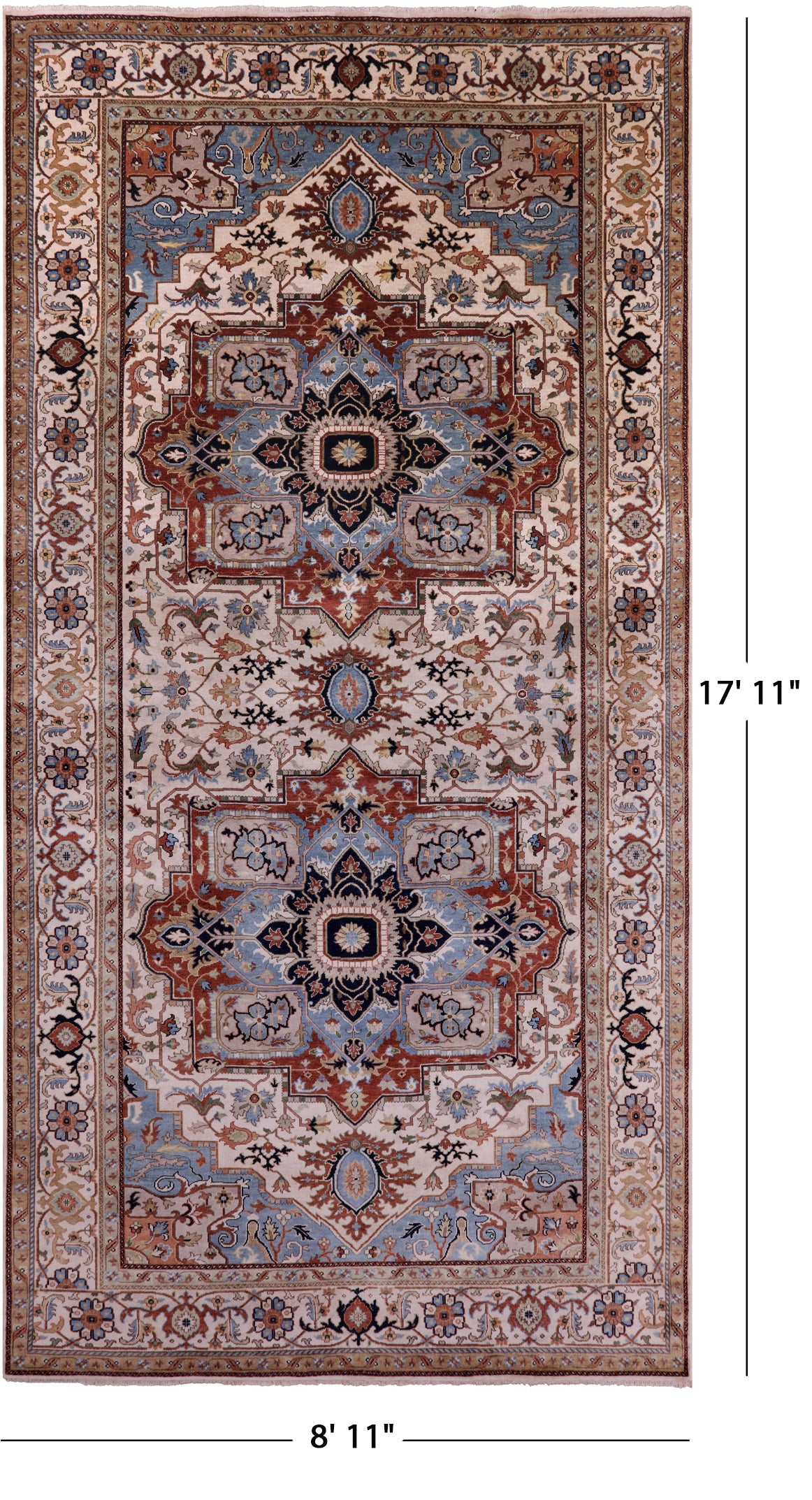 Ivory Geometric Heriz Serapi Hand Knotted Wool Rug - 8' 11" X 17' 11" - Golden Nile